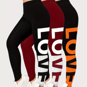 Set of 3 Women'S Mid-Rise Running Leggings with 'Love' Print for Fitness And Yoga.
