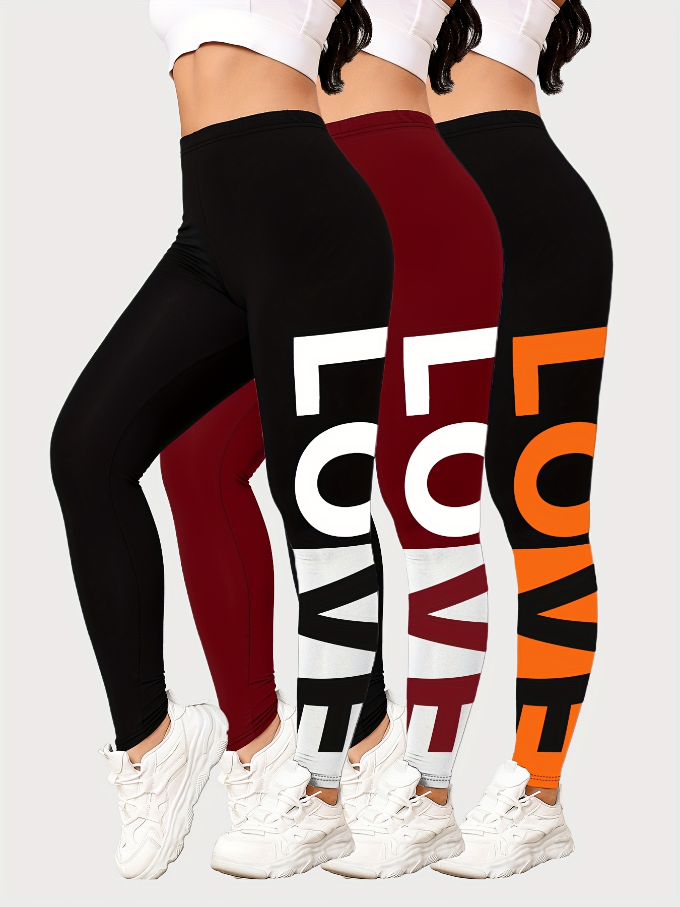 Set of 3 Women'S Mid-Rise Running Leggings with 'Love' Print for Fitness And Yo…