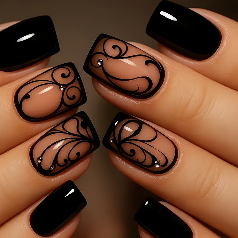 Black Press-On Nails Short Square False Nails Black Vine Acrylic Nails Full Cov…