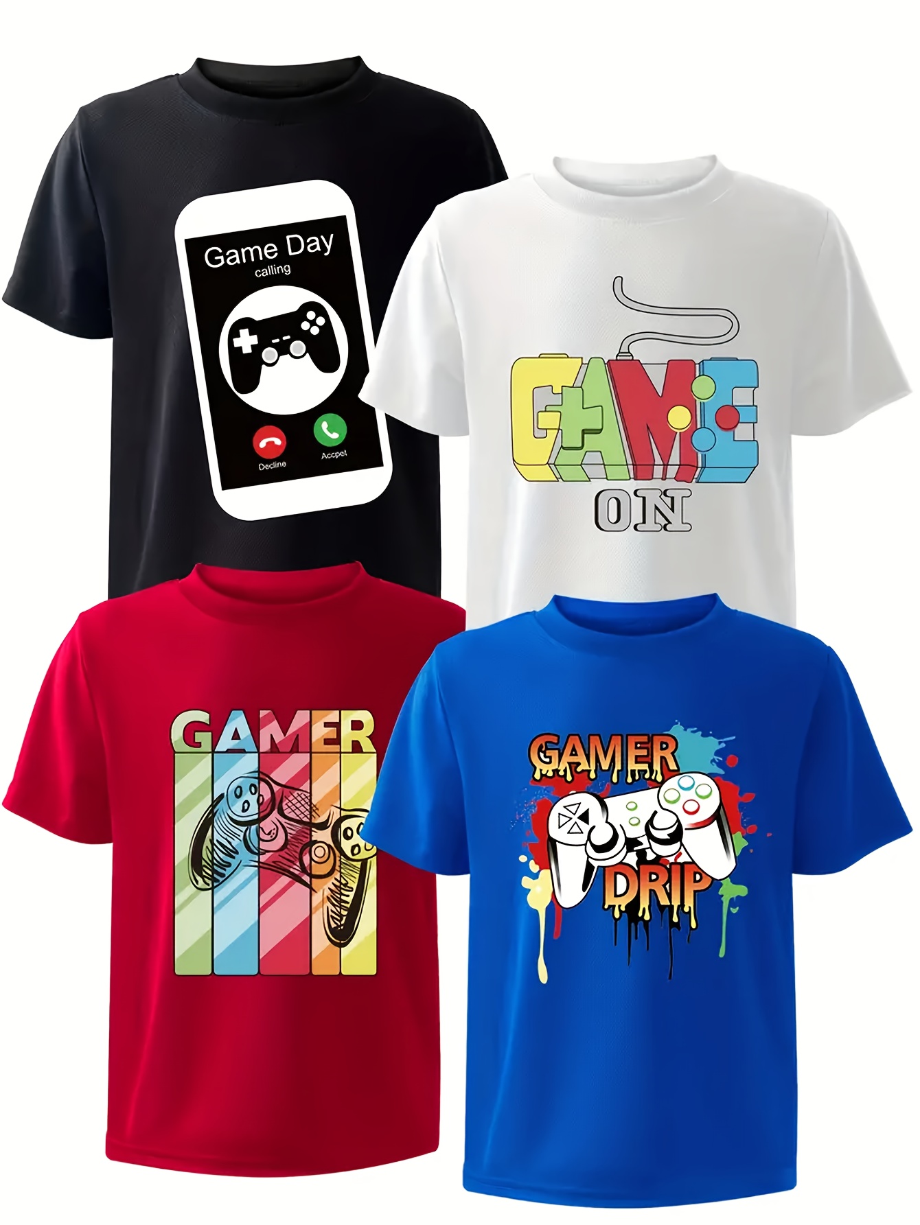4pcs Youth Gamer Graphic T-Shirts - Multi-Color Game Controller & Letter Print,…