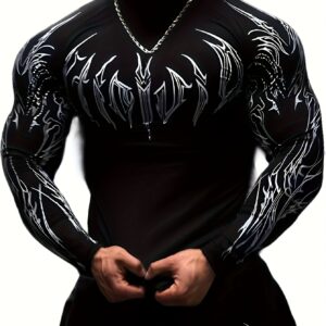 Men'S Compression Long Sleeve Shirt | High Neck Muscle Fitness T-Shirt with Geometric Print, High Stretch Fabric, Skinny Fit for Gym, Running, Basketball, Casual Wear - All-Season Sports Apparel for Men and Teens