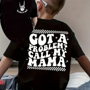 [Summer Fashion, Boys' T-Shirt] Summer Fashion Boys' Casual Short-Sleeve T-Shirt | Skull Element & "GOT A PROBLEM? CALL MY MAMA" Letter Print, Double-Sided Top - NYDX4412