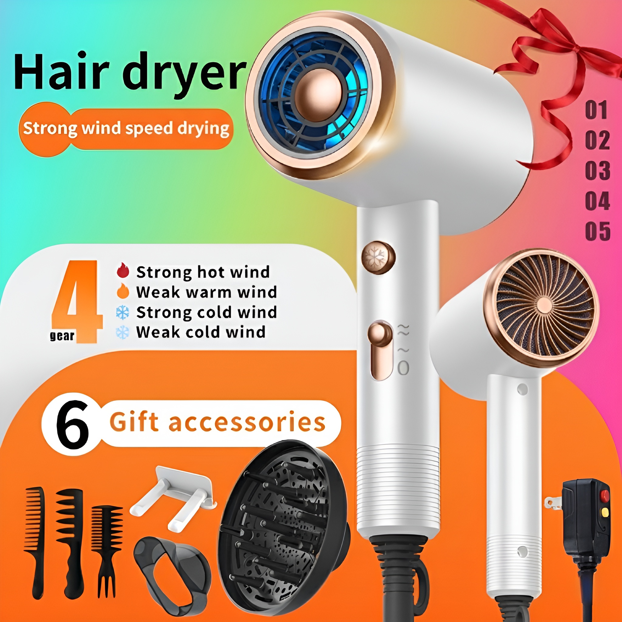 Professional Ionic Hair Dryer with Diffuser Attachment - Ionic Technology for faster drying, 2 Speeds & 3 /Cool Settings, Ionic generator ionizes the air for faster evaporation, Brushed Motor for Straight/Curly/Wavy Hair - Suitable for Home, Travel - Image 2
