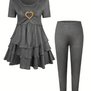 Plus Size - Plus Size Women'S Short Sleeve Round Neck Layered Cake Heart Top And Pants Set