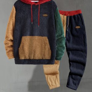 Men'S Color-Block Plush Hoodie with Kangaroo Pocket And Elastic Drawstring Pants, Warm, Trendy, And Comfortable Outfit.