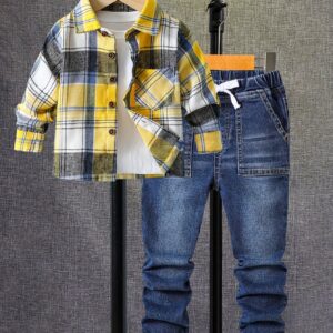 Boys' Spring/Autumn Plaid Shirt and Jeans Two-Piece Set: Fashionable Versatile Long Sleeve Top + Stretch Denim Pants for 3, 4, and Youngsters - Casual Wear, Perfect for Daily Outings and, for Outdoor, Perfect for Outdoor