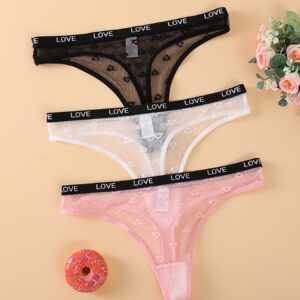 3pcs Women'S Thong Underwear - Soft Breathable Low-Rise Panties with Lace Trim & Heart Print, Elastic Comfort Fit, Pink/White/Black, Everyday & Special Occasion Underwear for Women, Cute Underwear, Comfortable Lingerie, Playful Lingerie, Durable Lingerie, Stylish Lingerie, Comfort Seekers, Lingerie Essentials, Feminine Lingerie, Lightweight Lingerie, Women'S Lingerie