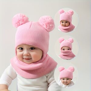 1pc Comfortable Hat with Pom-Pom And Neck Warmer | Soft Stretch Knit Winter Hat, White with Black Stripes, Ideal for Autumn And Winter, Casual Wear, Holiday Gift, Lightweight Acrylic Fabric.