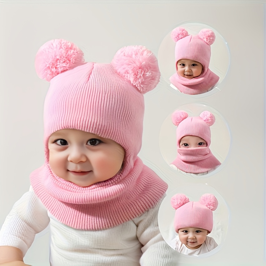 1pc Comfortable Hat with Pom-Pom And Neck Warmer | Soft Stretch Knit Winter Hat, White with Black Stripes, Ideal for Autumn And Winter, Casual Wear, Holiday Gift, Lightweight Acrylic Fabric.