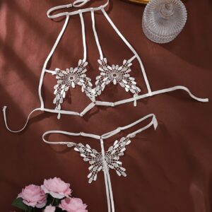 Sexy Hollow-Out Contrast Lace Butterfly Design Halter Neck Erotic Underwear Set