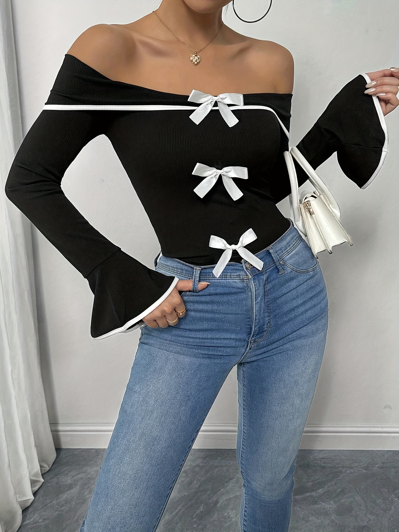 Women's Blouse, Elegant Bow Accent Collar, Short Sleeve Top with Black & White Pinstripe-like Strap, Wrinkle-Resistant All-Season Shirt, Machine Washable, for Office, Party & Casual Wear - Image 5