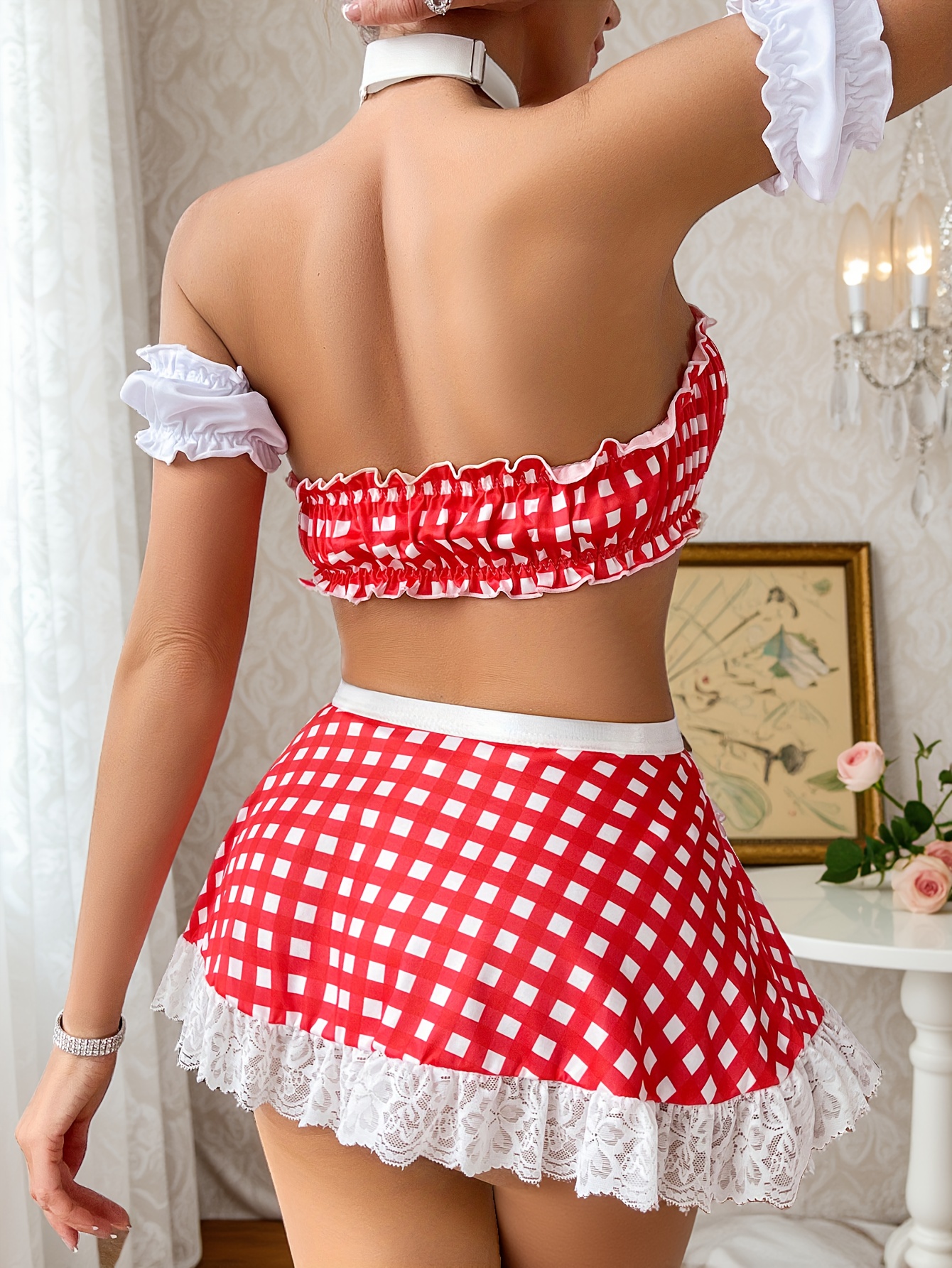 Cute Sweetheart Alluring French Maid Roleplay Costume Sexy Lingerie Set - 5pcs Bow Choker, Ruffle Sleeve Garter, Bra, Thong & Mini Apron Skirt | Gingham Print & Maid Uniform-inspired For Cosplay Fantasy Dress-Up Nights & Valentine'S Surprise Gift - Image 3