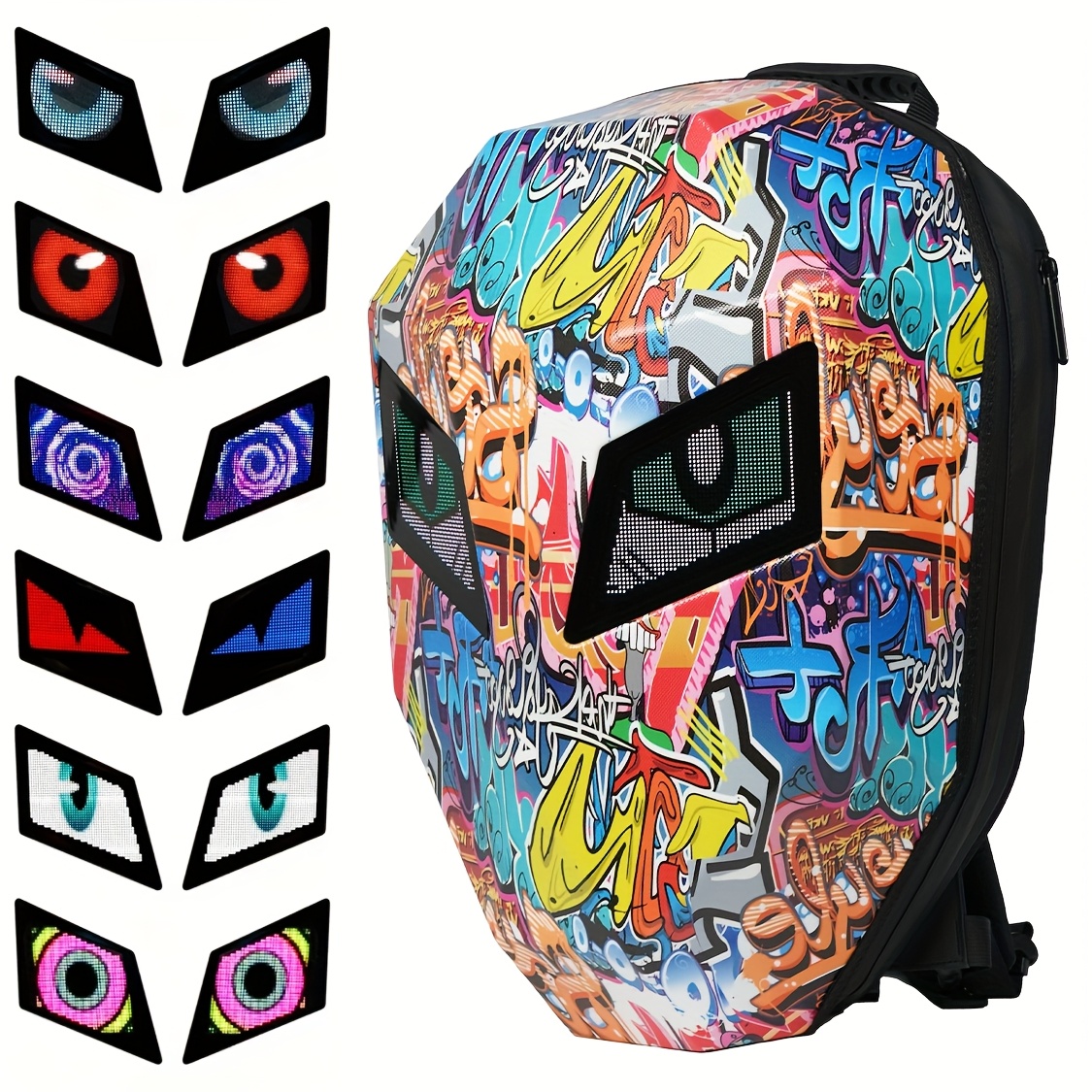 Knight Motorcycle Helmet Bag with 2pcs 48×48 LED Screens, DIY Display Carbon Fiber Hard Shell LED Backpack, Vibrant Graffiti Print Motorcycle Backpack, Glowing Eyes Bike Backpack for Men, 19-Inch Scratch-Resistant Riding Backpack - Image 6