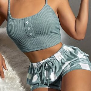 Summer Casual Plaid Print Pajama Set - Soft Micro Elasticity Polyester Fabric, Random Printing, Spaghetti Strap Crop Cami Top with Fake Buttons, Drawstring Shorts, Machine Washable, Womens Sleepwear for Adults