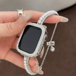 1pc, ladies' luxurious and noble double row diamond inlaid pearl bracelet strap, suitable for iwatch38/40/41/42/44/45/46/49mm, suitable for Apple Watch Ultra1/2/SE/series 10/9/8/7/5/4/3/2/1