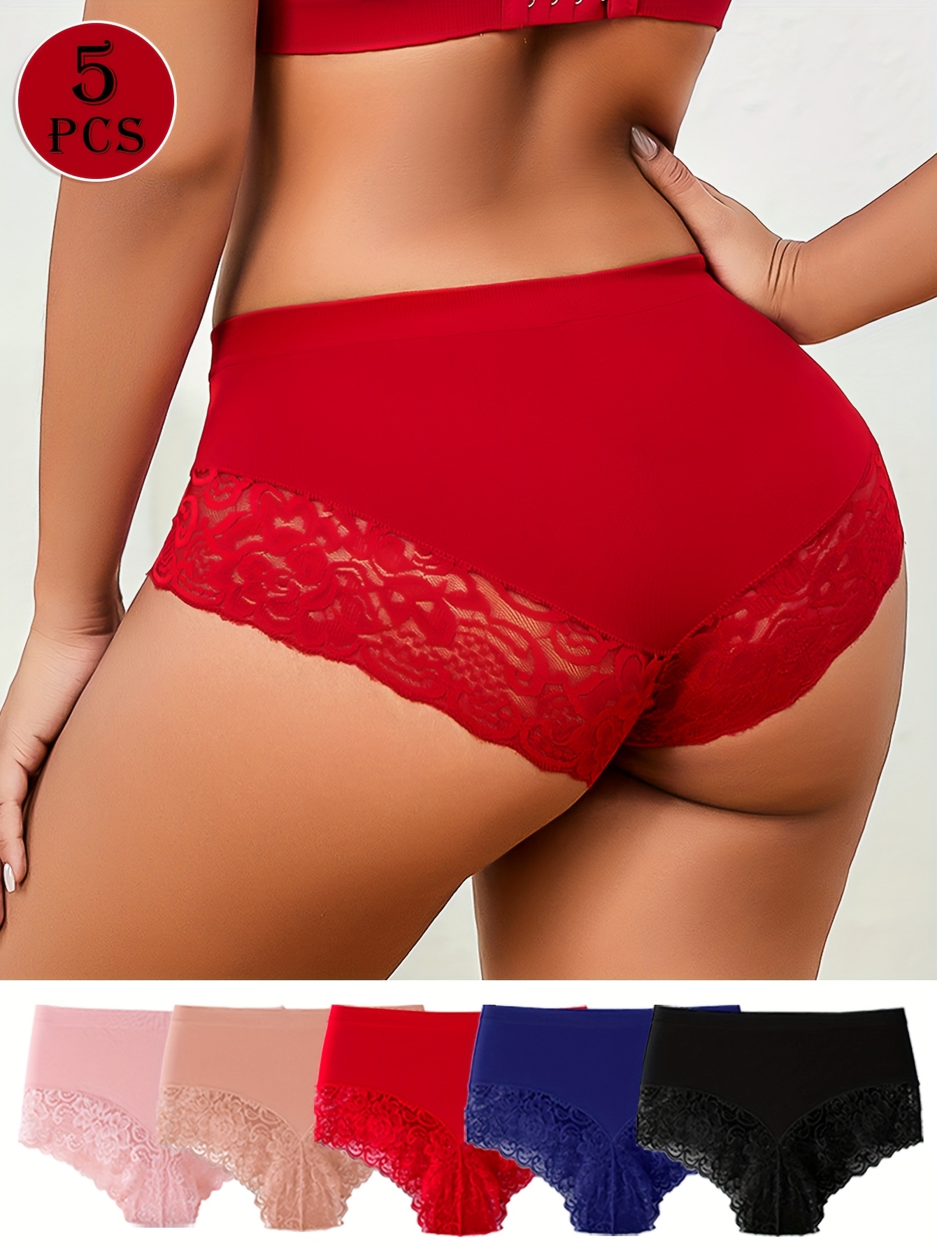 5pcs Women'S Sexy Seamless Breathable Red Lace Trim Panties - Mid-Rise Briefs with Contrast Lace Trim, Solid Color, Comfortable & Stylish Underwear for Women, Lace Trim Panties, Comfortable Underwear, Elegant Underwear, Soft Fabric - Image 2