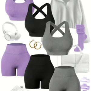 Three Sets of Seamless Women'S Sportswear Suits, Featuring High Elasticity, See-Through Back Bras And Tight-Fitting Short Pants for Enhancing Buttocks.