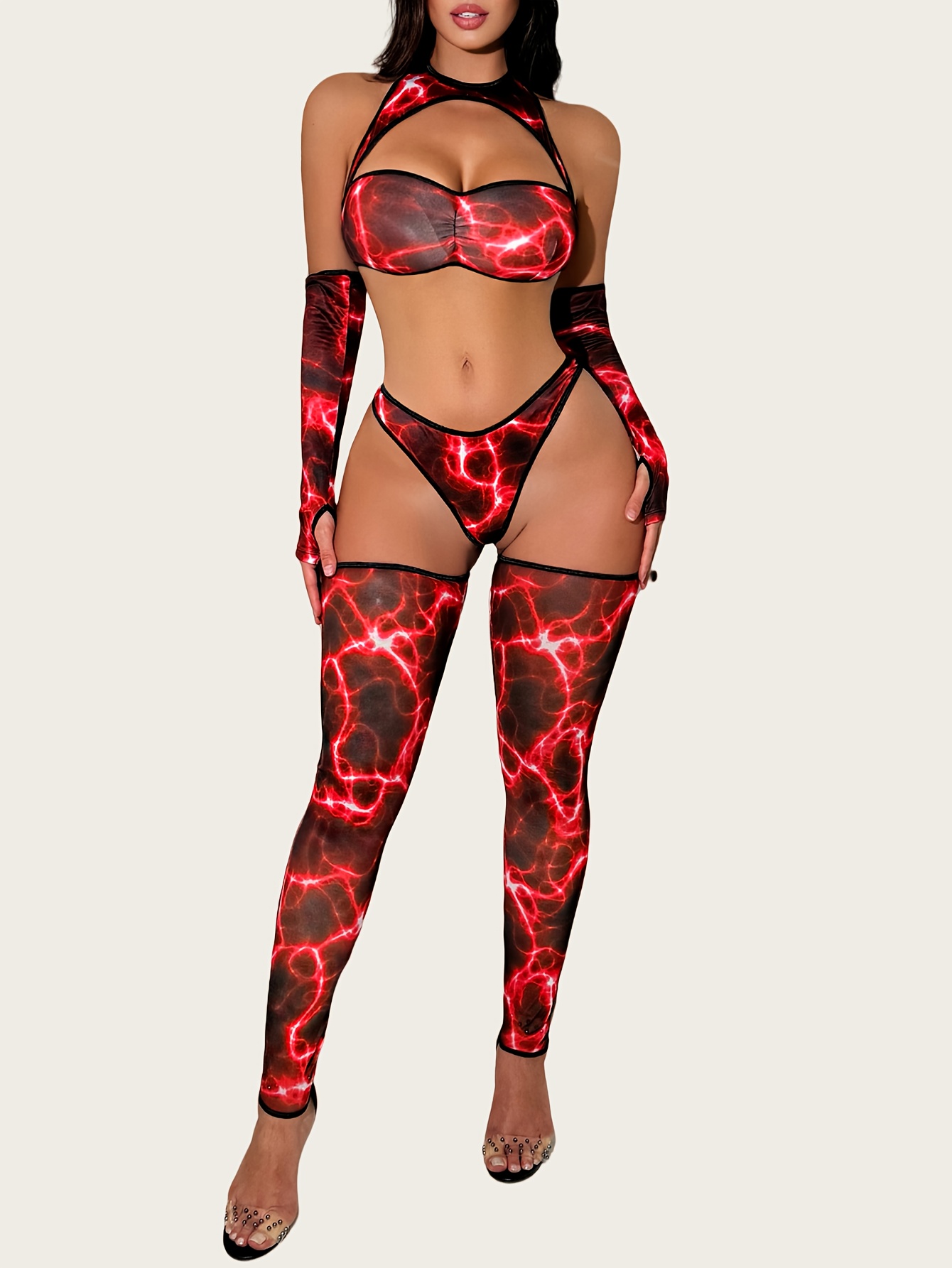 Lightning Pattern Hollow-Out Halter Neck Women'S Wild Sexy Lingerie Set (Bra + Pants + Sleeves + Leggings) - Adult Novelty Outfit with Random Print, Mature Style, Hollow-Out Design, Adult Novelty Wear|Wild Sexy Style|Hollow-Out Design - Image 6