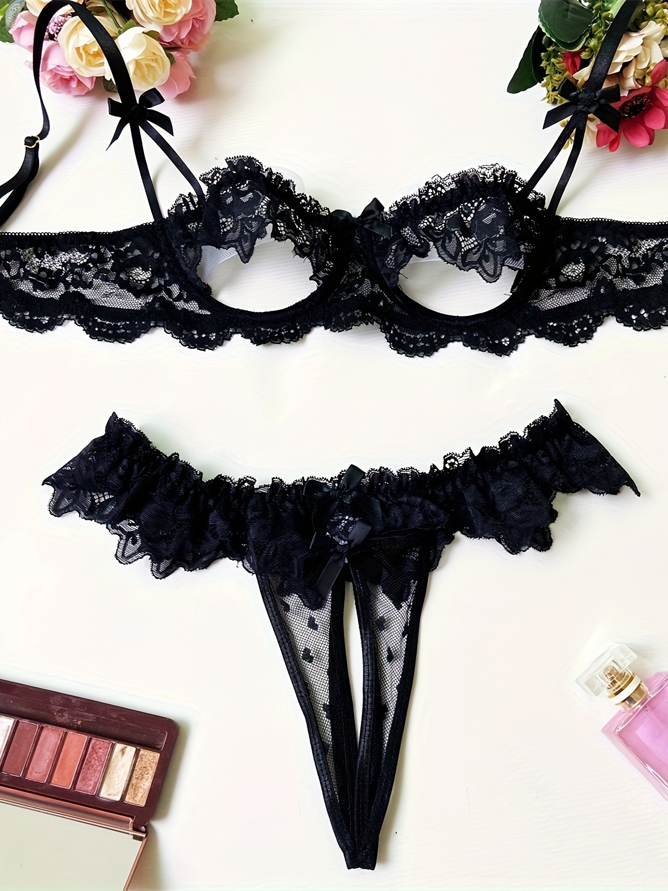 Soft And Comfortable Floral Lace Sexy Lingerie Set, Open Bust Bra & Crothless Panties, See Through Women'S Lingerie & Underwear, Romantic Seductive Lingerie for Adults, No Padding, Medium Support, Adult Intimate Apparel, Elegant Intimate Wear - Image 2