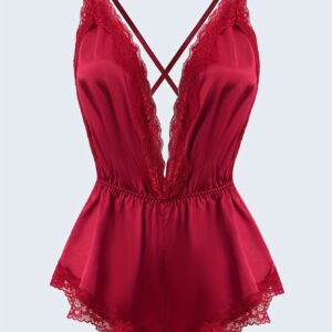 [Elegant Satin Lace Pajamas] Women's Elegant Solid Color Satin & Lace Deep V-Neck Cross-Tie Halter Bodysuit Pajamas - Sleeveless One-Piece Sleepwear, Loose Fit All-Season Comfortable Nightgown