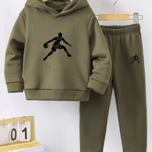 Boys' Autumn And Winter Fleece Hoodie And Long Pants Set with Basketball Print, Suitable for Outdoor Sports And Casual Wear.