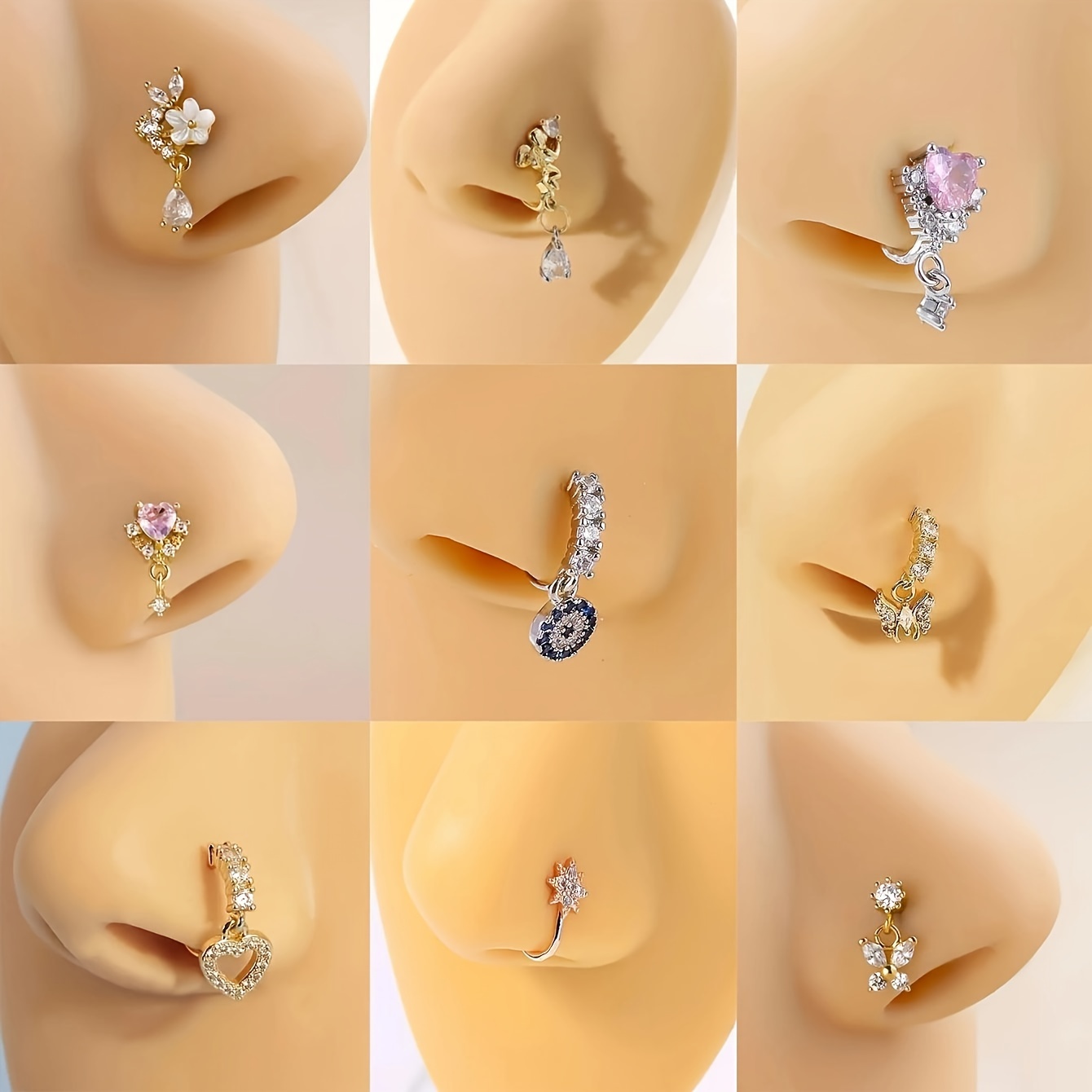 Nose Clip and Stud Set, 10pcs with Copper Synthetic Zirconia, U-Shaped Heart Crown Butterfly Five-Pointed Star Nose Rings - Image 3