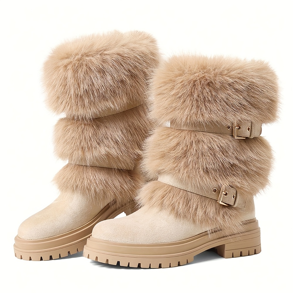faux fur Mid-Calf Snow Boots for Women | Round Toe Platform Heel, Non-slip Pull On, Warm Shoes with Buckle Decor, Fluffy Furry, Comfortable Fashion Luxury Outfit, Outdoor Winter Booties Woman - Image 8