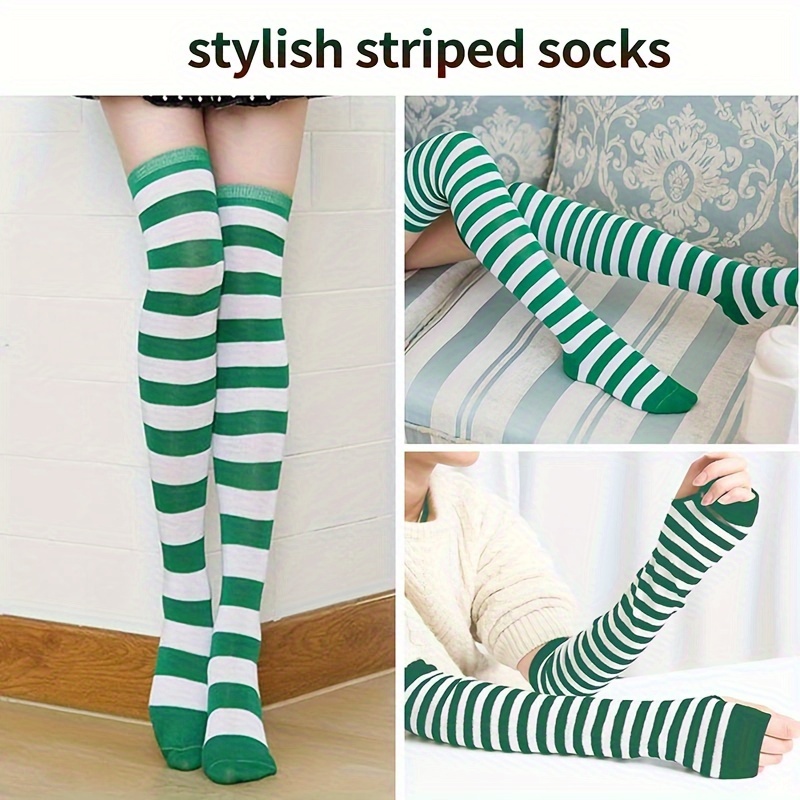 Striped Knee-High Socks with Knit Sleeves and Fingerless Gloves | Polyester and Polyamide, Ideal for Vacation and Party Outfits, Hand Wash Only, For Teenager - Image 7