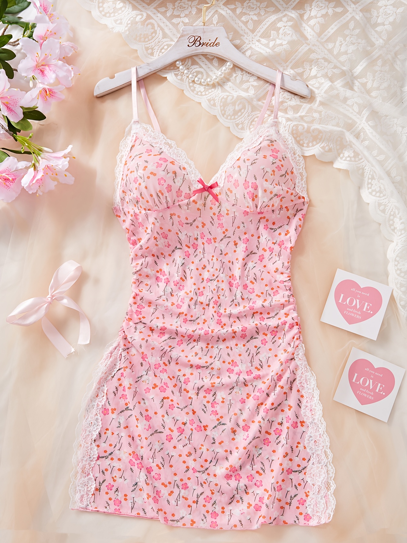 Attractive Women'S Lingerie Dress Featuring Pink Pajamas with a Delicate Floral Print, Adorned with Bows And Lace Details, a Side Slit, And a Sheer Back, Perfect for Romantic Summer Nights. - Image 5