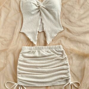 Women's Summer New Solid Color Asymmetrical Hem Tank Top and Pleated Drawstring Skirt Set, Two-Piece