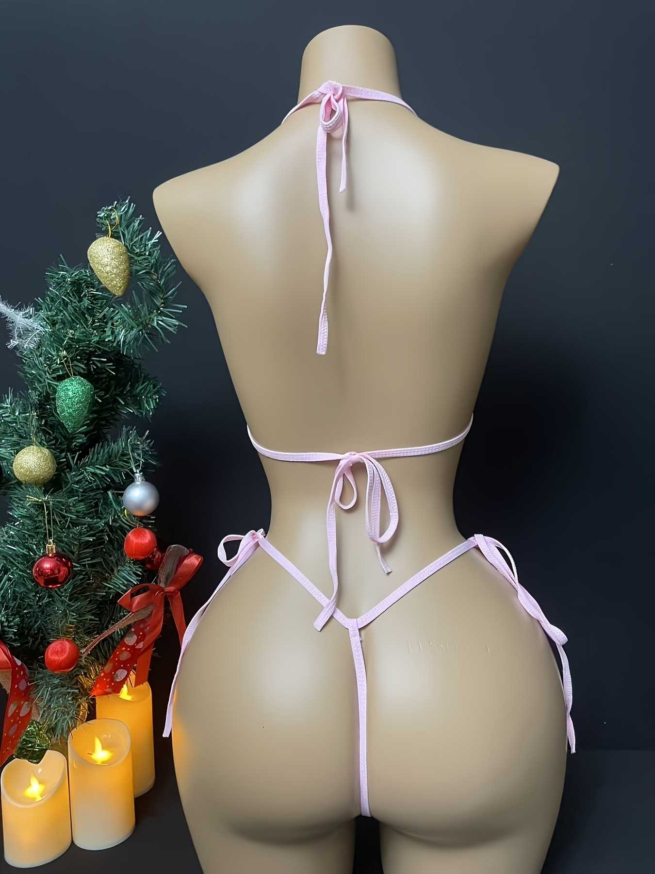Sexy Lace-Up Bikini with Bow Tie, Adjustable Pink Set for Christmas New Year Valentine's Day in Random Print - Image 2