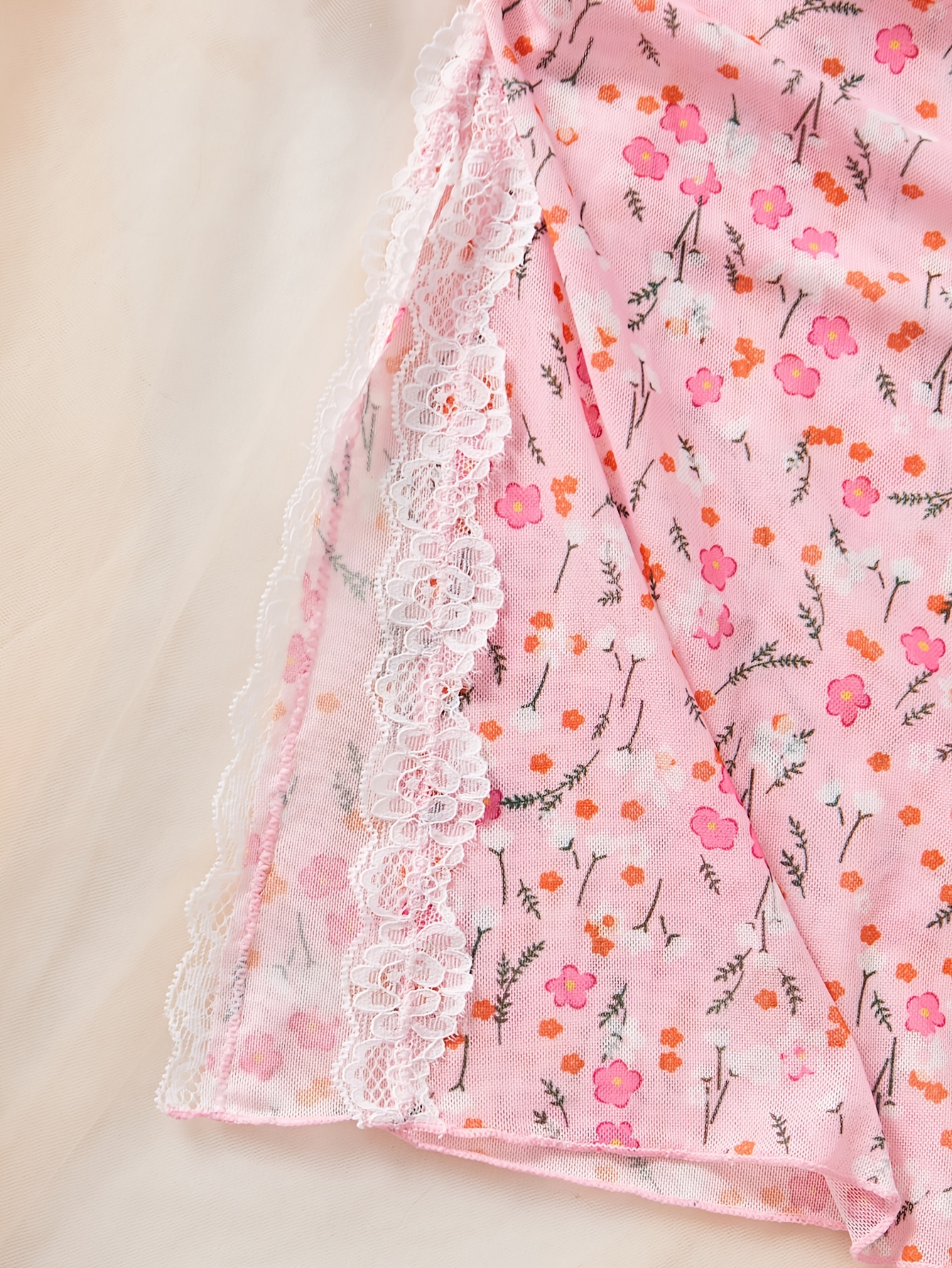 Attractive Women'S Lingerie Dress Featuring Pink Pajamas with a Delicate Floral Print, Adorned with Bows And Lace Details, a Side Slit, And a Sheer Back, Perfect for Romantic Summer Nights. - Image 6