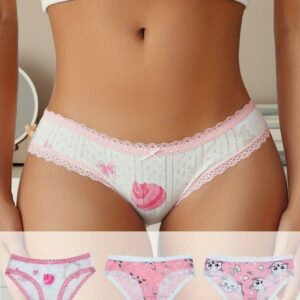 3-Pack Women'S Low-Rise Underwear - Cute Cartoon Cat & Bow Accent Lace Trim, Soft Breathable Everyday & Special Occasion Panties, Pink & Color Options, Playful Lingerie Design