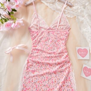 Pink Floral Print Babydoll Lingerie Dress | Sweet and Sexy V-Neck with Spaghetti Straps and Bow Accent, Lace Trim, Ideal for Romantic Boudoir or Intimate Loungewear