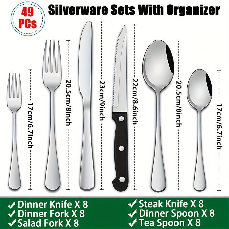 49pcs Silverware Sets with Steak Knives And Organizer, Includes Stainless Steel Knife Spoon And Fork, Dishwasher Safe Flatware Sets Service for 8, Cutery Sets with Tray for Kitchen - Image 2