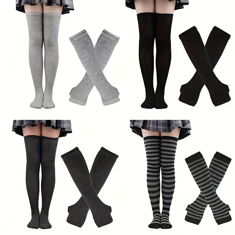 Striped Knee-High Socks with Knit Sleeves and Fingerless Gloves | Polyester and Polyamide, Ideal for Vacation and Party Outfits, Hand Wash Only, For Teenager - Image 9