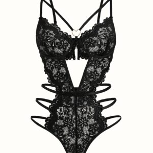 Hot Floral Lace Teddy, Cut Out Heart Linked Backless Bodysuit, Women's Sexy Lingerie & Underwear