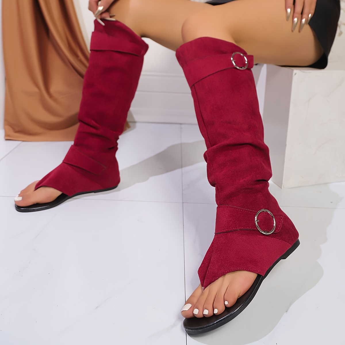 Women'S Summer Double Buckle Flat Boots - Comfortable, Breathable Faux Cover wi…