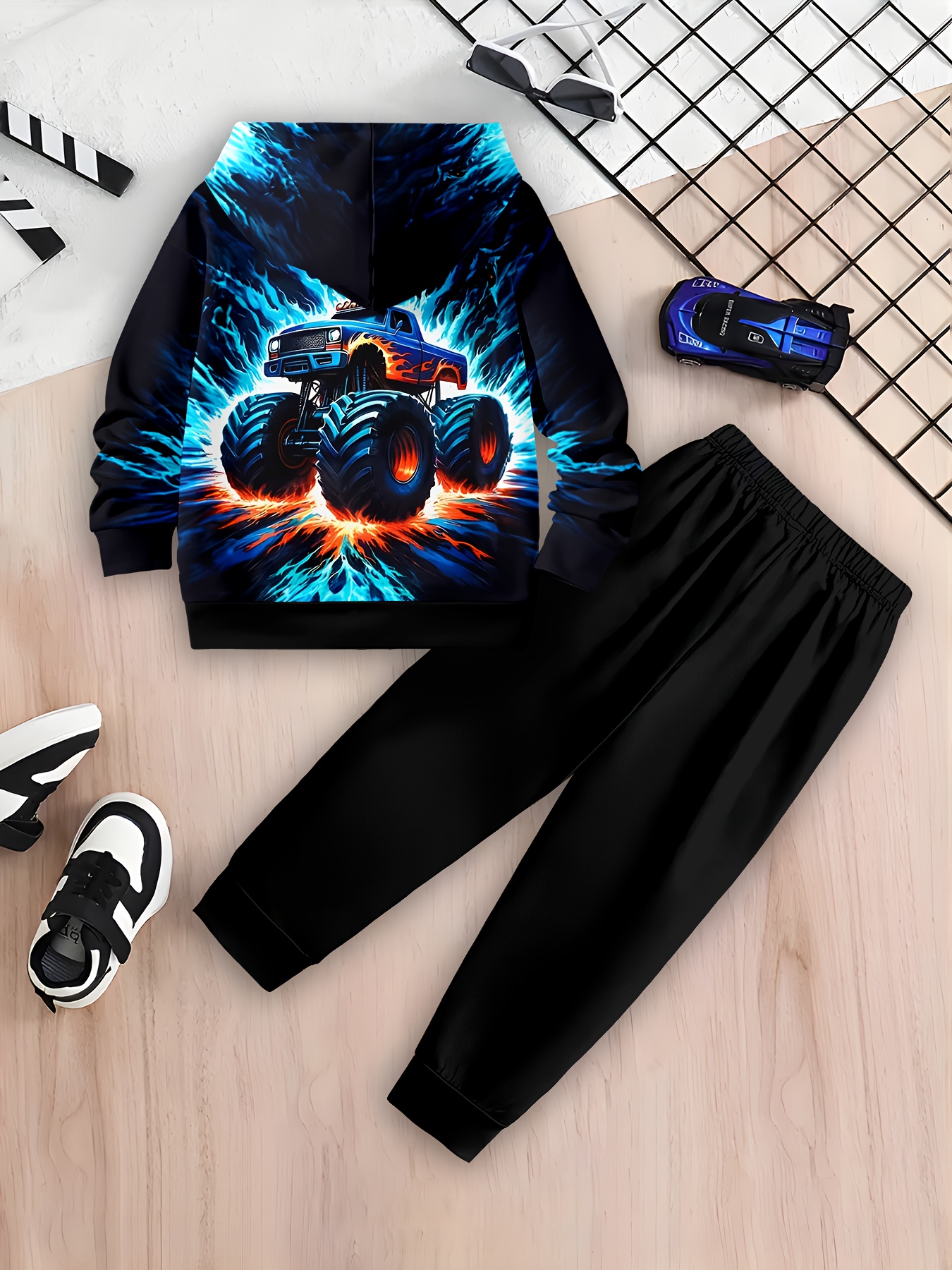 Boys' 3D Print Hoodie & Jogger Set - Vibrant Racing Car Design, Long Sleeve Pullover with Hood, Casual Spring/Fall Outfit, White Sneakers, Perfect for Outdoor Play, Boy Hoodie, Playful Graphic Hoodie, Comfortable Fit Hoodie, for Outdoor, Clothes, Sweater, Sports Suit For Boy, Boy Tracksuit Set, Suit For Boys In Autumn - Image 3