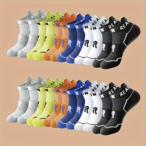 12 Pairs of Men's Moisture-Wicking Breathable Low-Cut Athletic Socks with Arch Support and Reinforced Heel - Suitable for All Seasons, Fitness, Hiking, Yoga - Multi-Color Pack, Machine Washable Polyester, Stylish Letter Pattern, Comfort Fit
