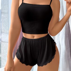 Charming Pink Ribbed Ladies Pajama Set - Comfortably Mixed Tops and Elastic Waist Shorts with Lettuce Trim, Sleeveless Breathable Pajamas