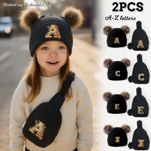 2pcs Youngsters' Floral Alphabet - Embroidered Double Pom - Pom Knit Hat & Chest Bag Set - 26 Letters Optional, Small Chest Bag for Tiny Items, for Boys & Girls' Fall/Winter Street Outings, School Commutes & Outdoor Play