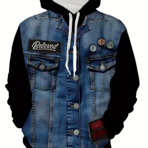 Hooded Pullover Sweatshirt for Men Featuring a 3D Faux Denim Pattern, Perfect for Casual Wear in Spring And Autumn.