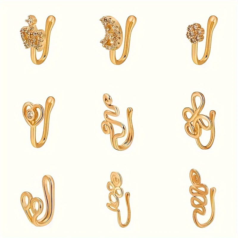Nose Clip and Stud Set, 10pcs with Copper Synthetic Zirconia, U-Shaped Heart Crown Butterfly Five-Pointed Star Nose Rings - Image 5