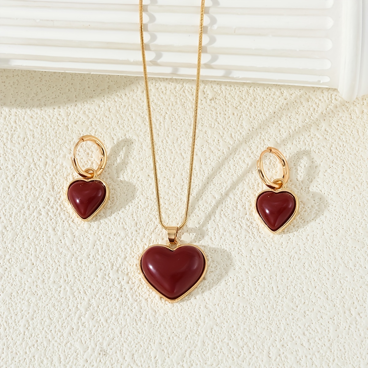 3pcs Red Heart Necklace & Earrings Jewelry Set for Women - -Tone Maroon Glossy Heart Pendant Matching Dainty Hoops, Valentine's/Mother's Day Gift, Casual Attire, Anniversary Party (No Plating, Year-Round) - Image 3
