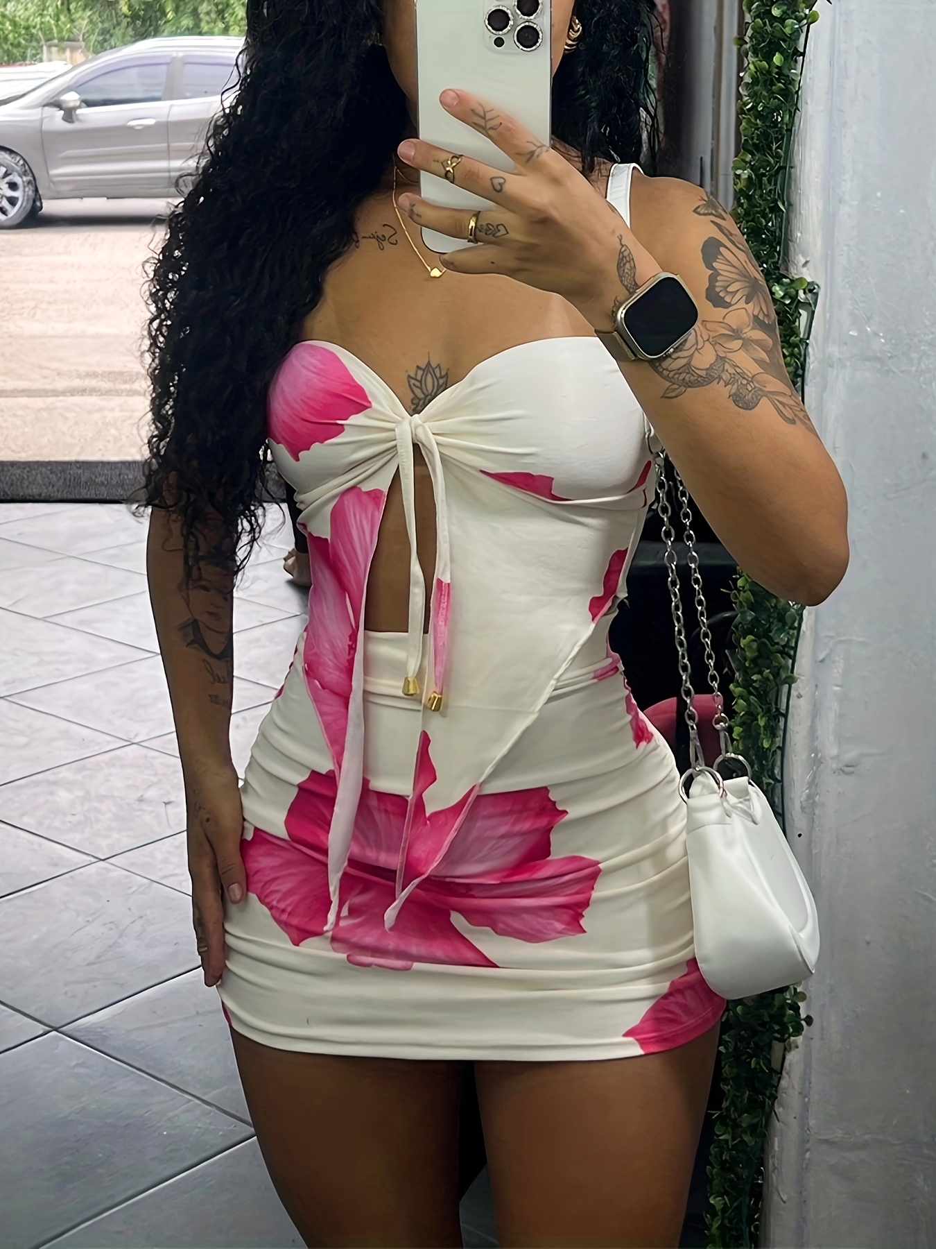 Two-Piece Outfit, Floral Print Strapless Tied Top, Ruched Mini Skirt Set - Image 3