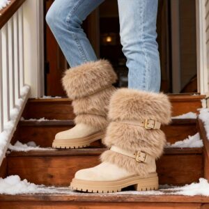 faux fur Mid-Calf Snow Boots for Women | Round Toe Platform Heel, Non-slip Pull On, Warm Shoes with Buckle Decor, Fluffy Furry, Comfortable Fashion Luxury Outfit, Outdoor Winter Booties Woman