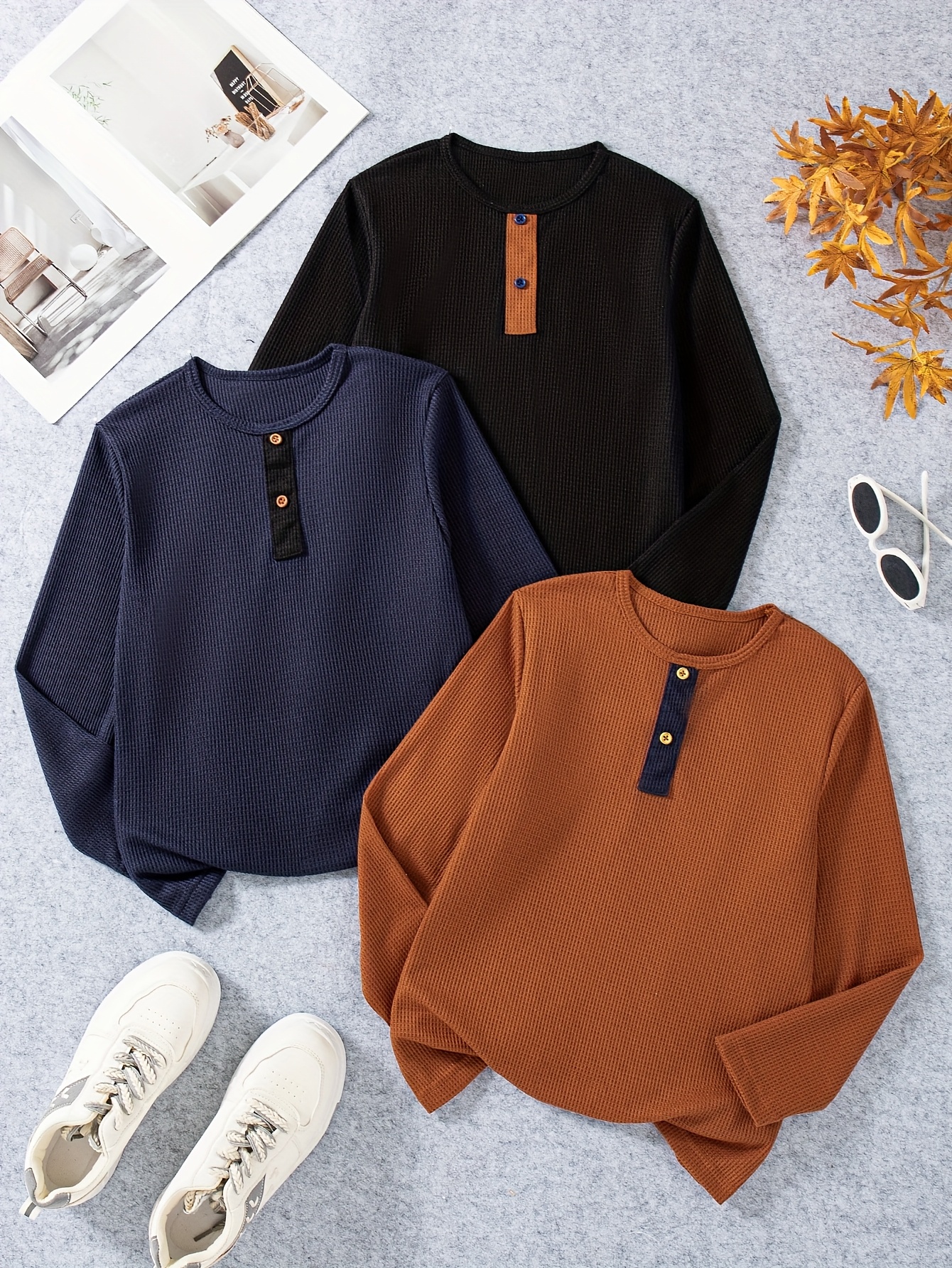 3pcs boys' solid color knitted plaid soft and comfortable long sleeved round neck top, boys' fashionable contrasting color placket button decoration long sleeved pullover - casual round neck, soft polyester blend, suitable for spring and autumn