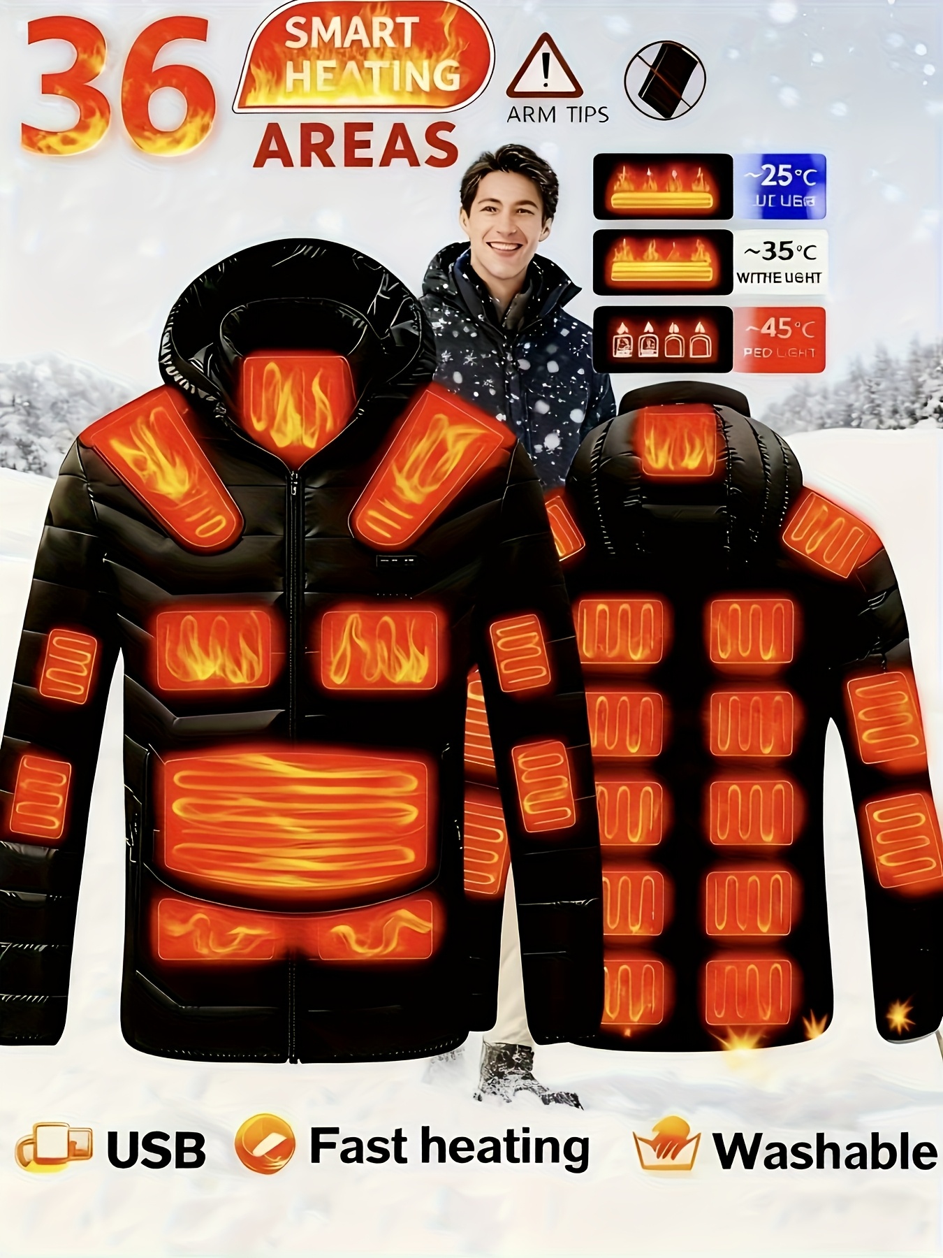 Men'S Winter Jacket, Smart Heated Jacket for Men, Adjustable Temperature Control in Size 36, Fitted Hooded Winter Coat, Battery-Powered (Compatible with Smart Banks/Power Banks) - Machine Washable Fabric, Suitable for Outdoor Activities And Casual W - Image 2