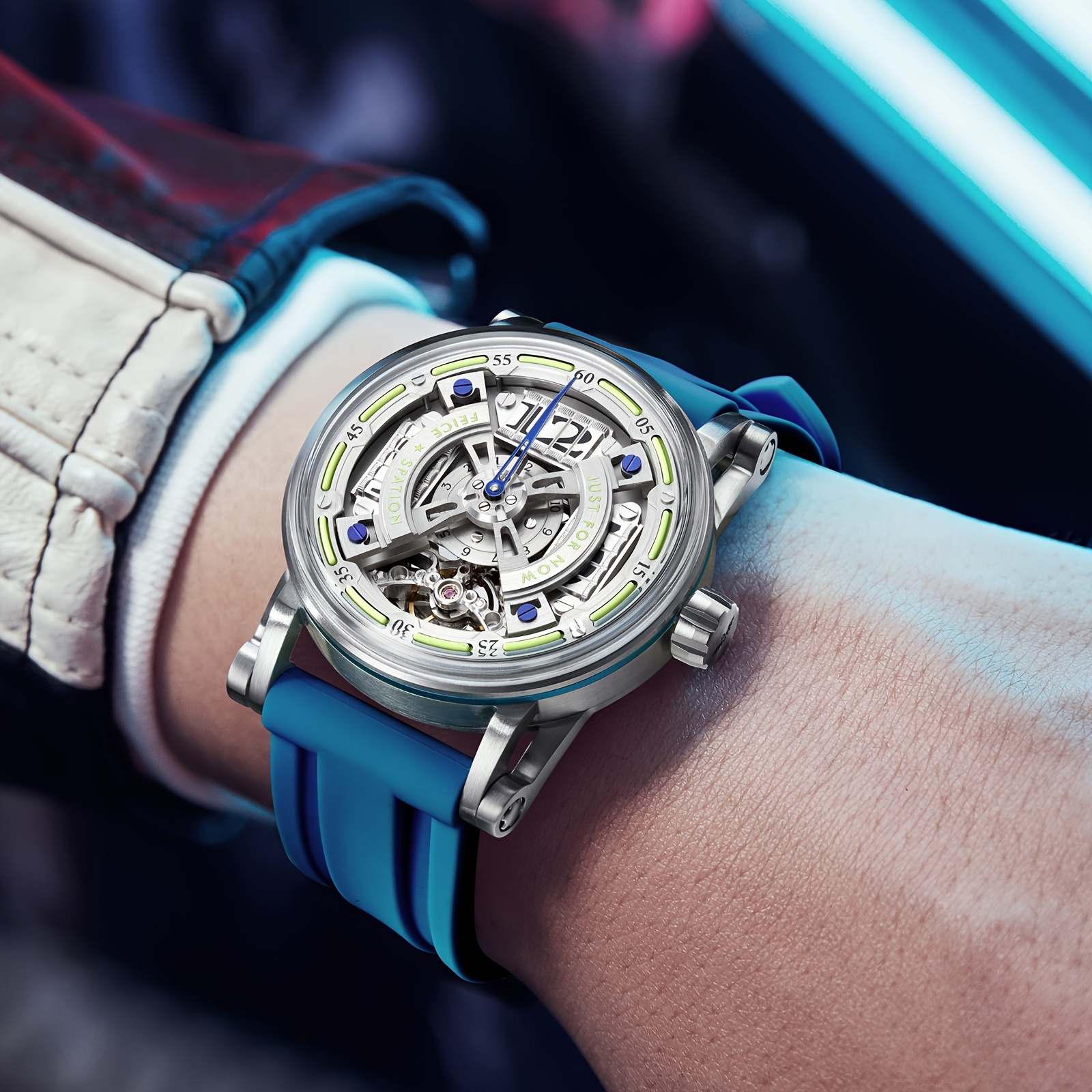 FEICE Brand Business Fashion Men's Watch High-end Automatic Mechanical Watch for Men Skeleton Curved Dial Created-Sapphire Mirror Strong Luminous Men's Wristwatch Blue Silicone Strap Men's Gift, Mechanical Watches for Men High Quality, Watch Automatic for Men, Office Accessory, Professional Timepiece, Modern Men's Timepiece, Skeleton Dial Design, Highend Craftsmanship, Luxury Wristwatch, Business Professionals, Watch Collectors - Image 2